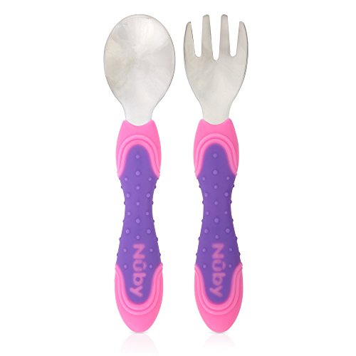 Nuby Stainless Steel Utensil, Pink/Purple, 2 Piece