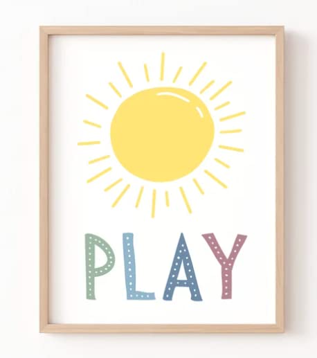 Kids Wall Art, Playroom Wall Poster, Rainbow And Sunshine Retro Wall Art, Play All Day (Set Of 3) - Unframed - Nursery, Kids Roo