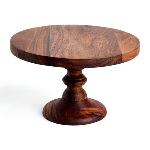 Saaga Round Birch Wooden Cake Stand - 9X5.5 Inch - Pizza Stand, Dessert Platter, Stand For Dining Table - Brown
