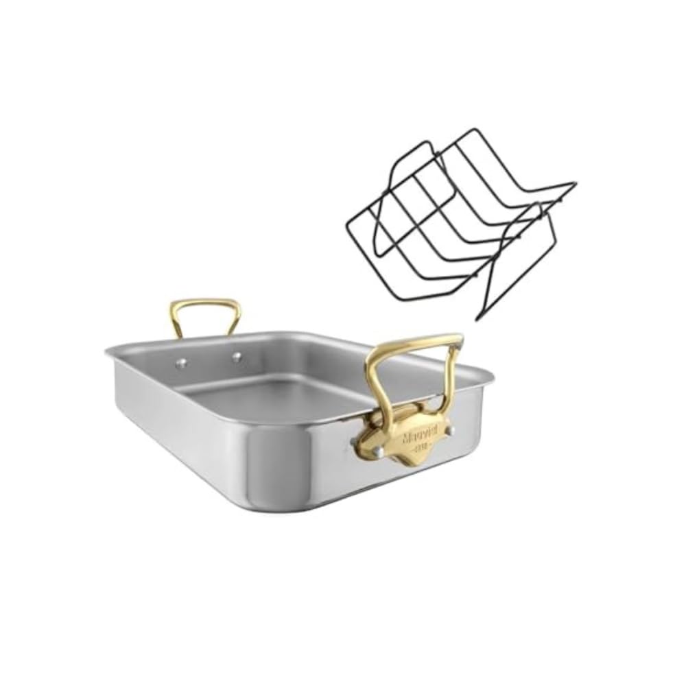 Mauviel M'Cook B 5-Ply Polished Stainless Steel Roasting Pan With Rack And Brass Handles, 13.7 X 9.8-In, Made In France