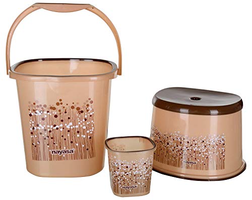 Nayasa Funk Square 3 Pcs Bathroom Set(Bucket 25L+Mug 1.5L+Stool) Brown, Plastic