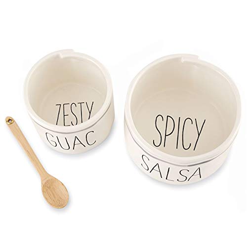 Mud Pie Salsa & Guac Bowl Set, White, Salsa 3'''' X 4 1/2'''' Dia | Guac 2 3/4'''' X 3 1/2'''' Dia | Spoon 5''''''