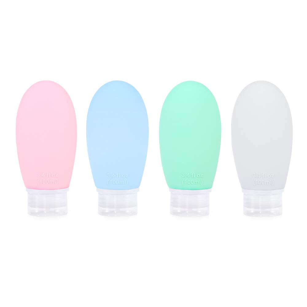 4 Pack 100 Ml Portable Travel Bottles, Leak Proof Refillable Squeezable 3.4 Fl. Oz Silicone Tubes Travel Size Toiletries Contain
