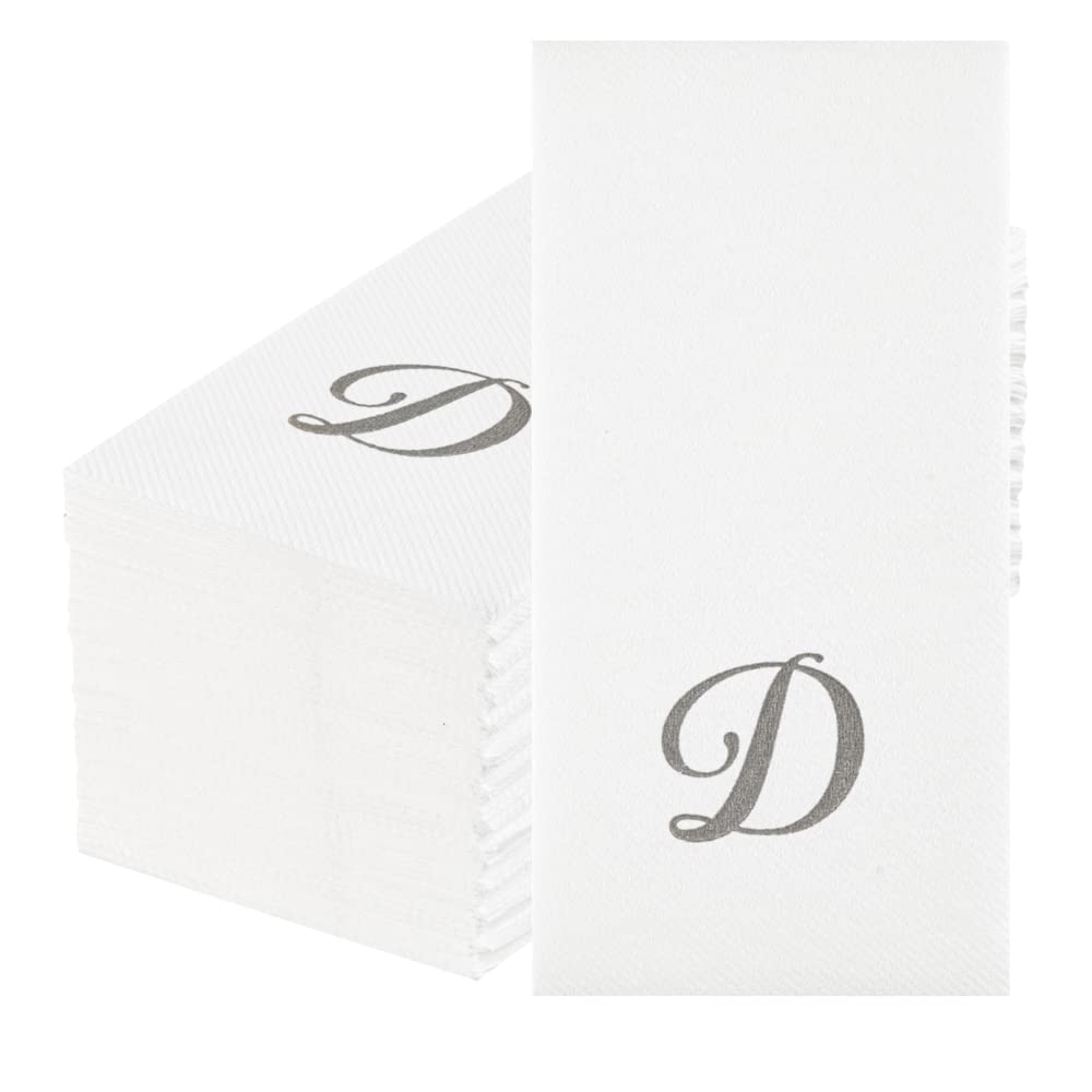 Luxenap 15.8 X 7.9 Inch Linen-Feel Guest Towels, 2000 Lettered Hand Towels - Silver Letter 'D', Cursive Font, White Paper Dinner