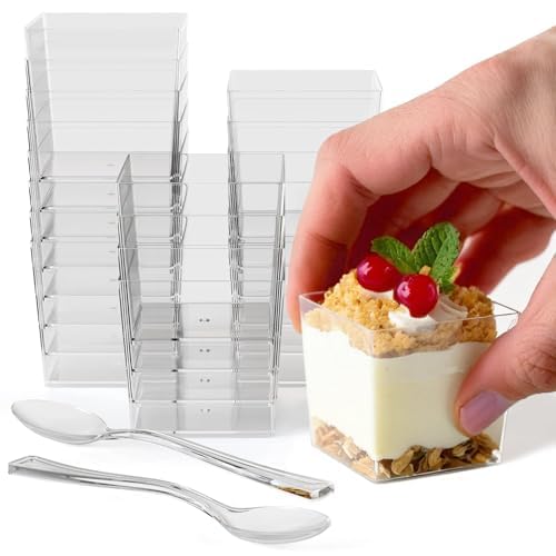 Exquisite Mini Dessert Cups with Spoons 400 Pcs  3.6 Oz Square Plastic Dessert Cups Disposable with Tasting Spoons 200 Sets | M
