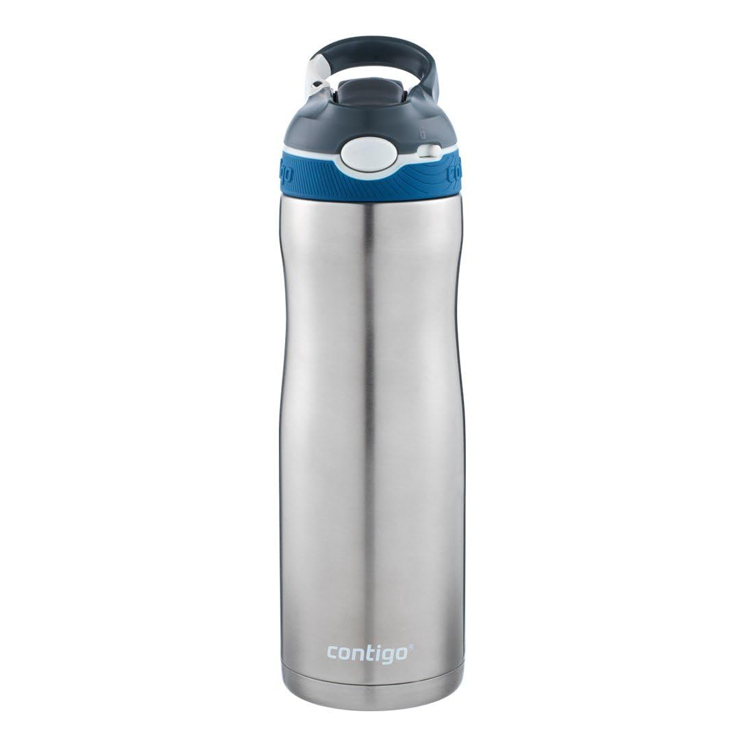 Contigo Ashland Chill Autospout Water Bottle with Flip Straw, Stainless Steel Thermal Drinking Bottle,Leakproof,Grey, BLue, 590 