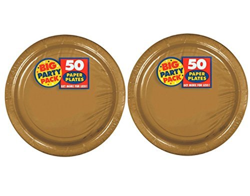 Amscan Gold Round Paper Plates - 8.5'' (50 Pc) - Sturdy & Eco-Friendly Party Essentials - Perfect For Celebrations & Events