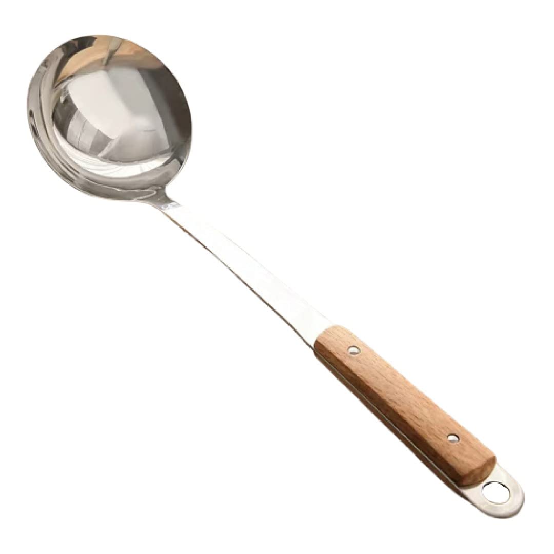 Hexoniq Stainless Steel Kitchen Utensil Set, Ladle With Long Heat Resistant Wood Handle, 35X9 Cm