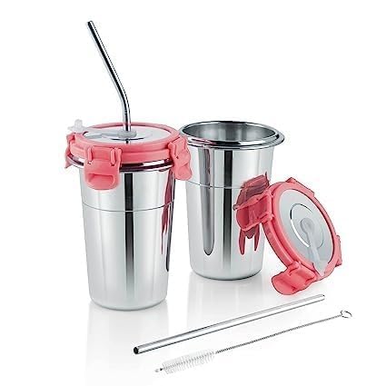 Touchcart Stainless Steel Tumbler Set of 2 (Ice Pink, 400ml Each)  LeakProof Glasses with Steel Lids, Silicone Aperture, 2 Str