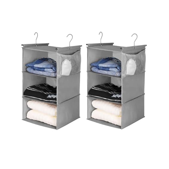 Max Houser 3 Tier Shelf Hanging Closet Organizer, Closet Hanging Shelf With 2 Sturdy Hooks For Storage, 2 Pack, Foldable (Grey)
