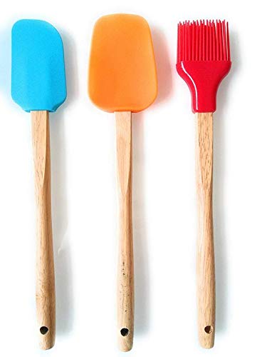 Toto Deals Silicone And Wooden Handle Spatula, Brush, Kadachi (Multicolour, 12 Inch)Set Of 3