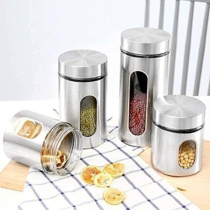 Home Stuffs Clear Glass Steel Window Jars For Kitchen Storage Food Spices Canister Set (4, 550Ml)
