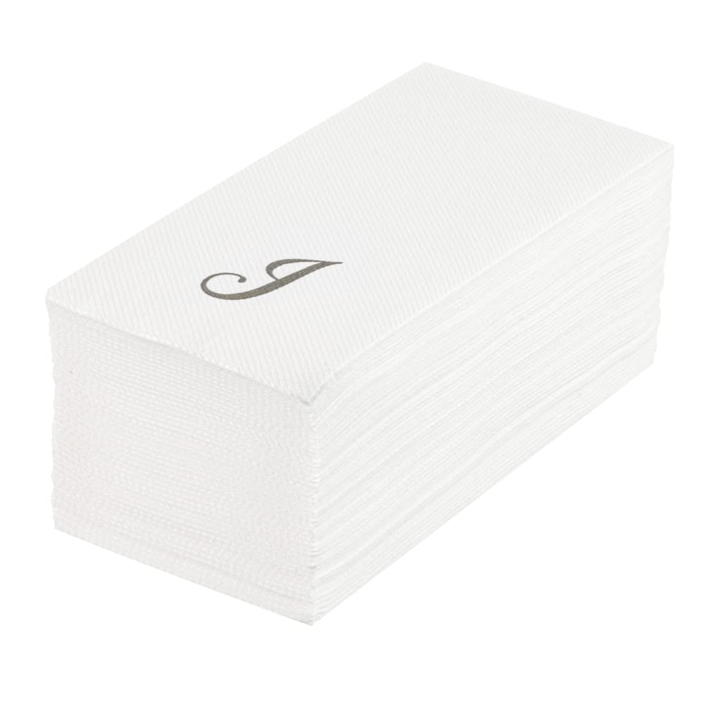 Luxenap 15.8 X 7.9 Inch Linen-Feel Guest Towels, 2000 Lettered Hand Towels - Silver Letter 'J', Cursive Font, White Paper Dinner