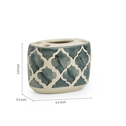 Exclusivelane Moroccan Essentials Handpainted 3 Piece Ceramic Bathroom Accessory, Grey And Off White (Liquid Soap Dispenser, Soa