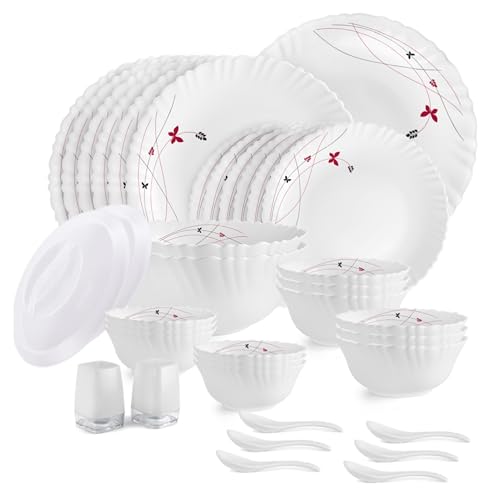 Cello Opalware Dazzle Lush Fiesta Dinner Set, 37 Units, White |Opal Glass Dinner Set For 6 | LightWeight, Daily Use Crockery Se