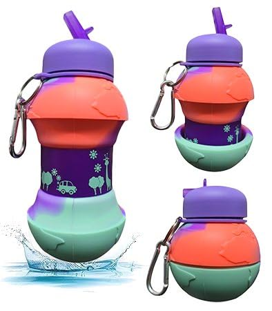 Jukusa Globe Design Collapsible Water Bottle 550Ml. | Bpa-Free Silicone, Leak-Proof Spout, Food Grade, With Carabiner Clip | For