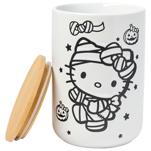 Silver Buffalo Sanrio Hello Kitty Halloween Spooky Mummy Ceramic Cookie Snack Candy Jar With Airtight Bamboo Lid (Small)