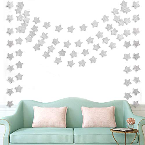 6 Pcs Glitter Silver Star Paper Garland Christmas Birthday Party Decorations Sparkling Bunting Banner Hanging Decorations for Br