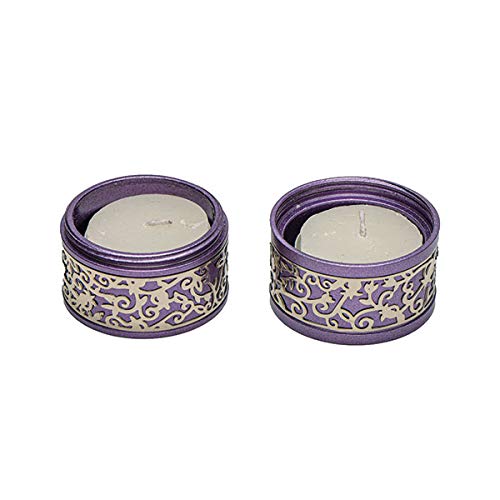 Emanuel Candlestick Holders Metal Filigree Cutout | Small Candle Holders for Shabbat and Yom Tov (Purple)