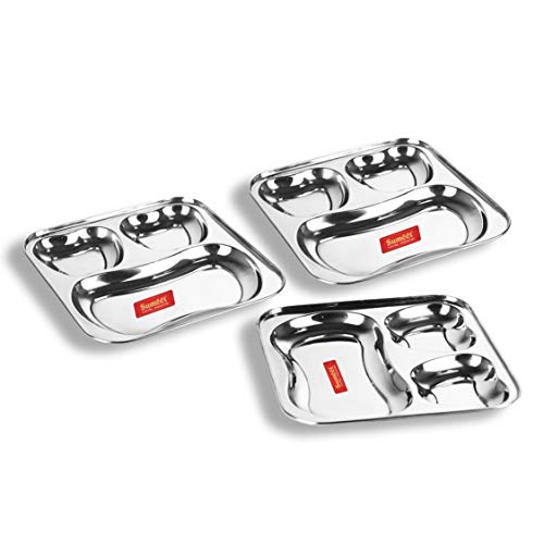 Sumeet Stainless Steel 3 In 1 Pav Bhaji Plate Compartment Plate 21.5Cm Dia - Set Of 3Pc