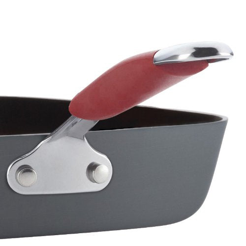 Rachael Ray Cucina Hard Anodized Nonstick Grill/Deep Square Griddle Pan, 11 Inch, Gray With Red Handles