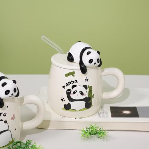 Vasukie Panda Coffee Mug With Lid & Glass Spoon, Mugs For Coffee, Rakhi For Brother, Birthday Gift, Ceramic Mug, 3D Panda Coffee
