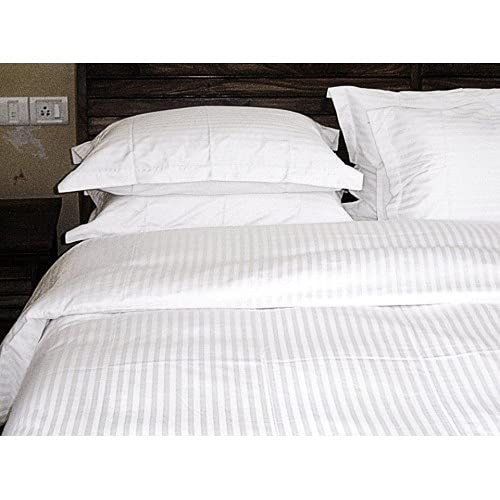 Cool Dealzz White Double Bed Striped Bedsheet 400 Tc Cotton Satin Plain For Queen Size With Two Pillow Covers For Home-Hotels-Gu