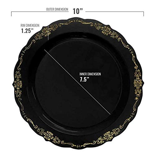 Kaya Elegant Black & Gold Vintage Round Disposable Dinner Plates - 10'' (Packs Of 10), Stylish Design, Perfect For Any Occasion