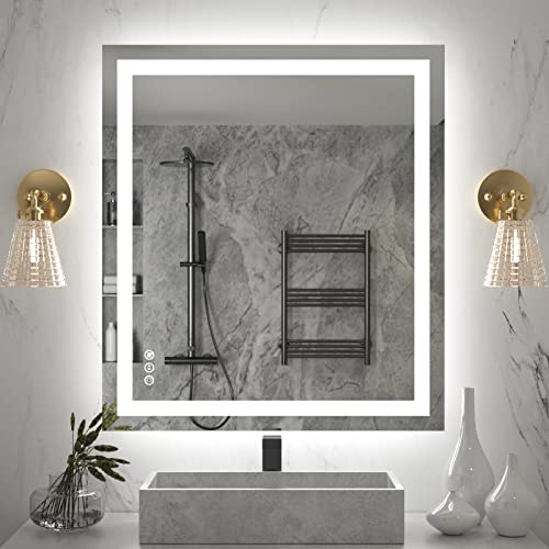 Amorho Led Bathroom Mirror 36''X 32'' With Front And Backlit, Stepless Dimmable Wall Mirrors With Anti-Fog, Shatter-Proof, Memor