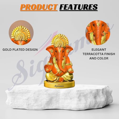 Signamio Handcrafted Orange Ganesha Idol For Car Dashboard Item: Ganesh Ji, Ganpati Bappa Murti For Home Decor - Exquisite Car G