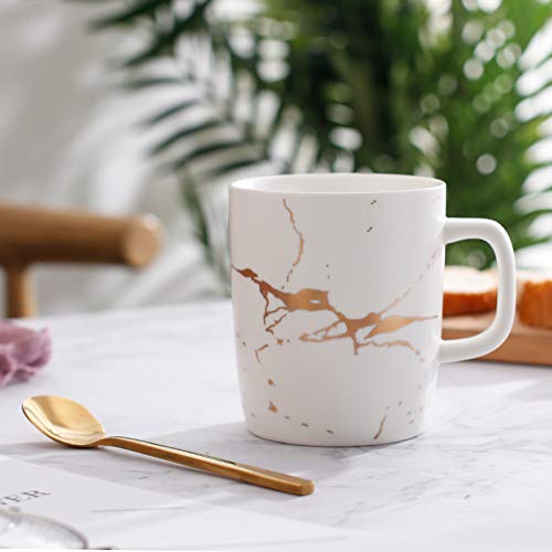 Coffeezone 12 Oz Matte Ceramic Marble Tea Coffee Mugs Luxury Gold Inlay (White, 4 Mugs Gold Marble)