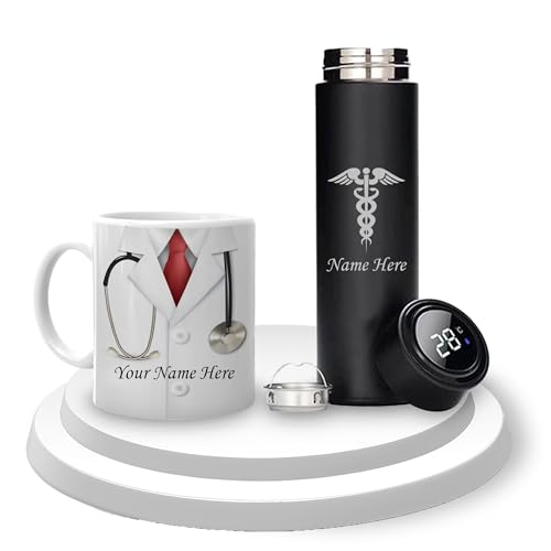 Savri Personalized DoctorS Drinkware Combo:Temp Black Bottle With Doctor Logo & Doc Theme Coffee Mug-Customized With Your Name.