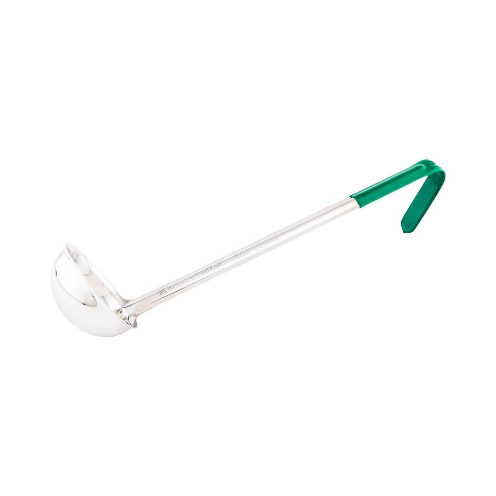 Restaurantware Met Lux 4 Ounce Soup Ladle 1 Hook Handle Serving Spoon  With Green Handle Dishwashable Stainless Steel Cooking L