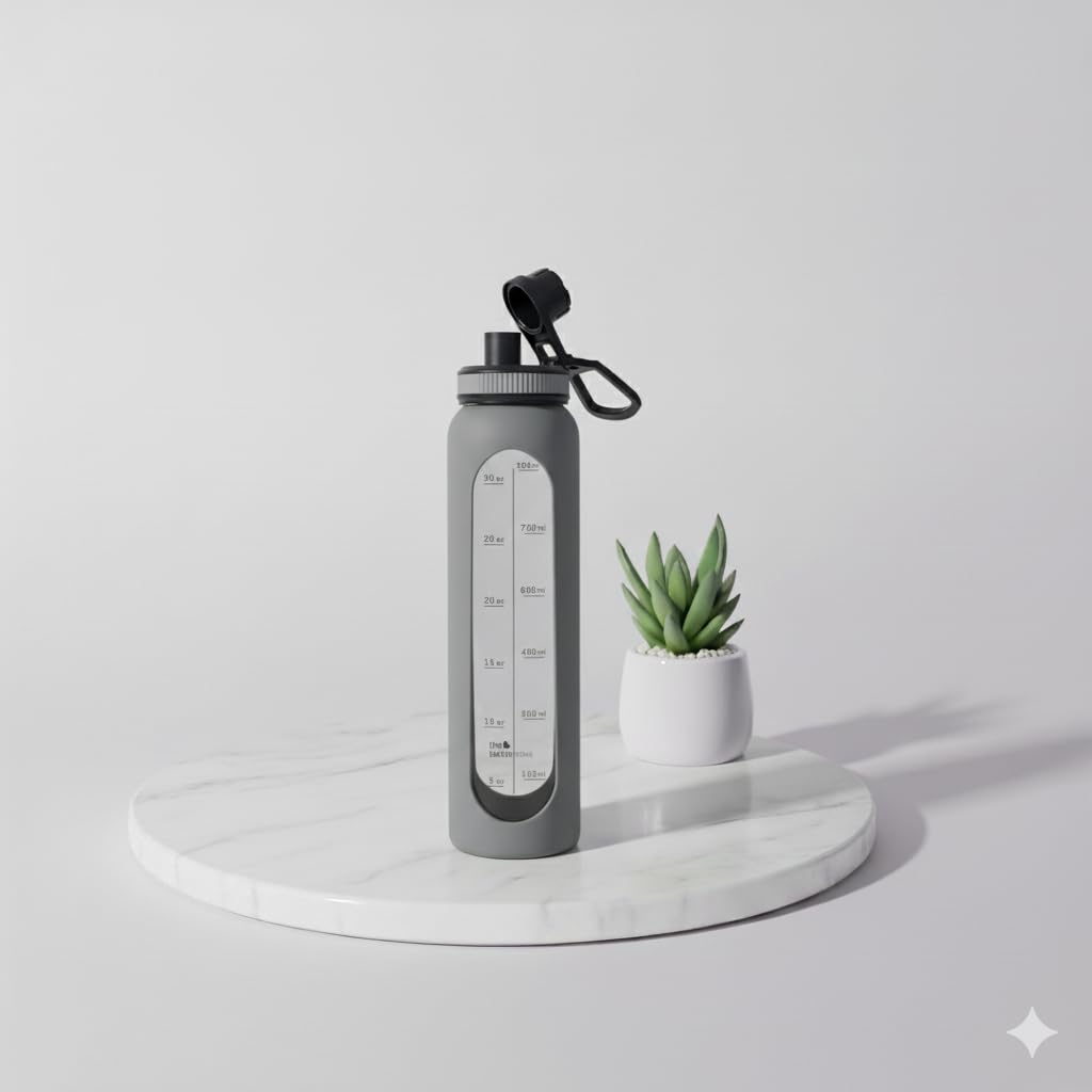 The Better Home | Water Bottles | Borosilicate Glass | Leak-Proof Silicone Sleeve With Measuring Lines | Ideal For Gym Office Tr