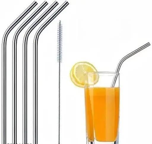 Stainless Steel Straws With Cleaning Brush For Kids & Adults, Bent Reusable Metal Straws, Paper Packaging Cutlery (Pack Of 2 Str