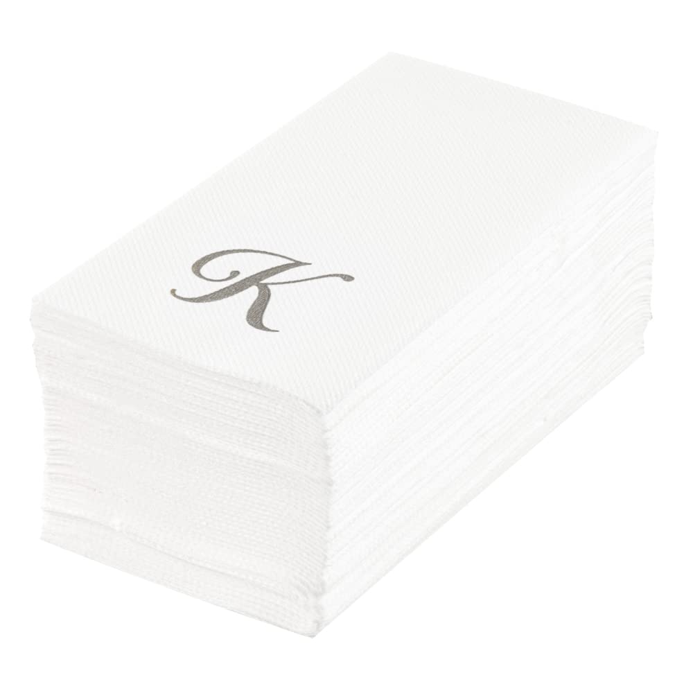 Luxenap 15.8 X 7.9 Inch Linen-Feel Guest Towels, 50 Lettered Hand Towels - Silver Letter 'K', Cursive Font, White Paper Dinner N
