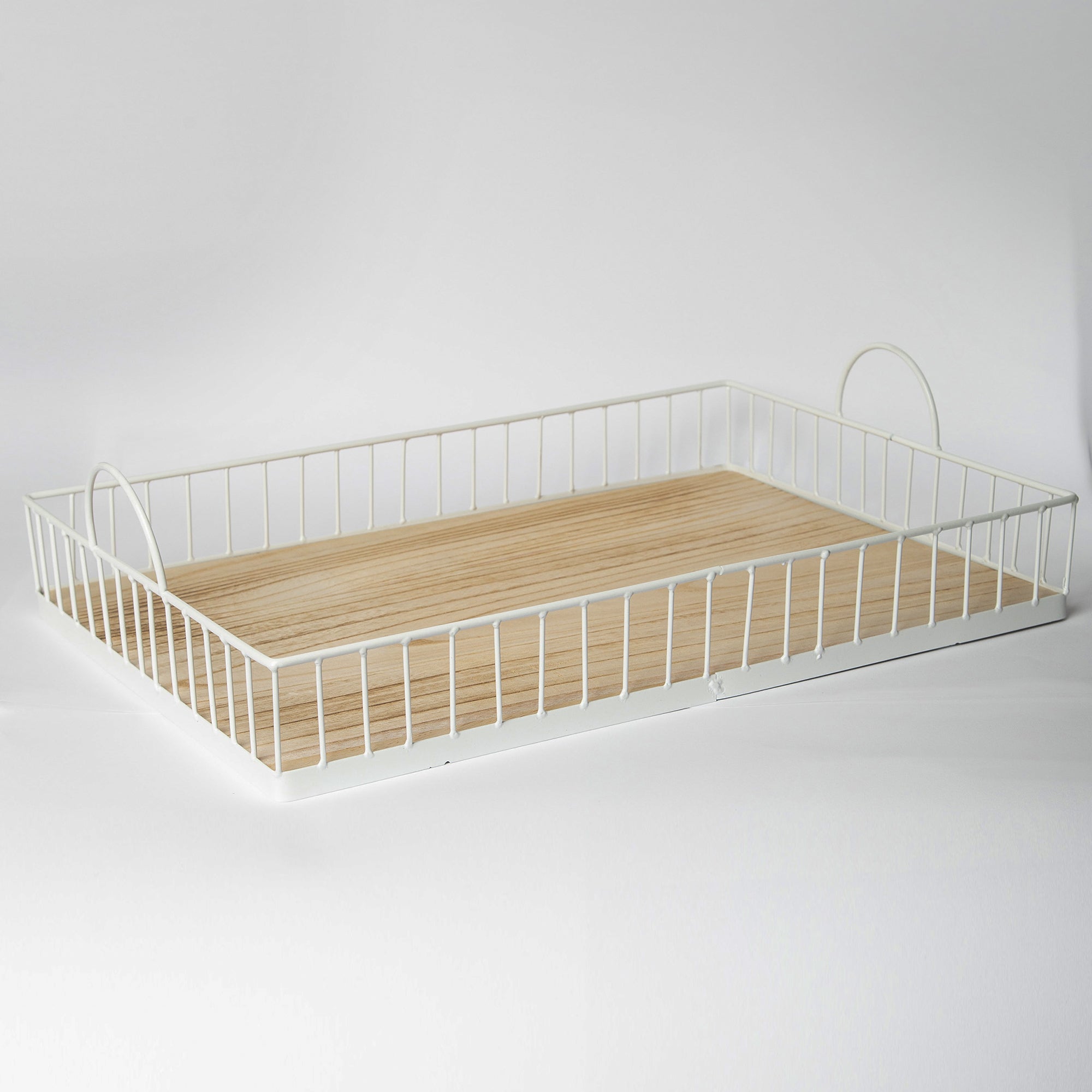 Rectangular Metal & Wood Decorative Tray — Rustic White Accent for Home