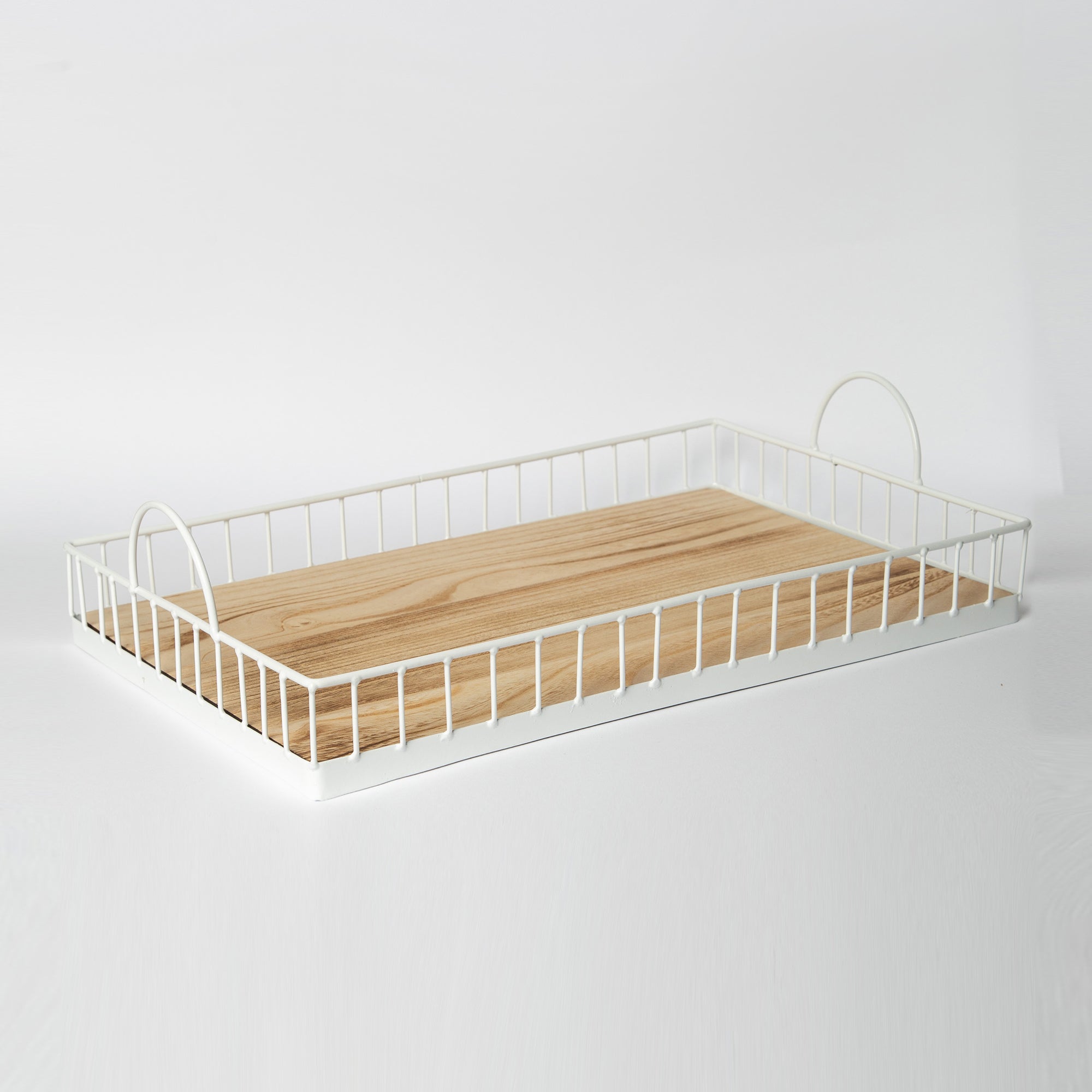 Rectangular Metal & Wood Decorative Tray — Rustic White Accent for Home