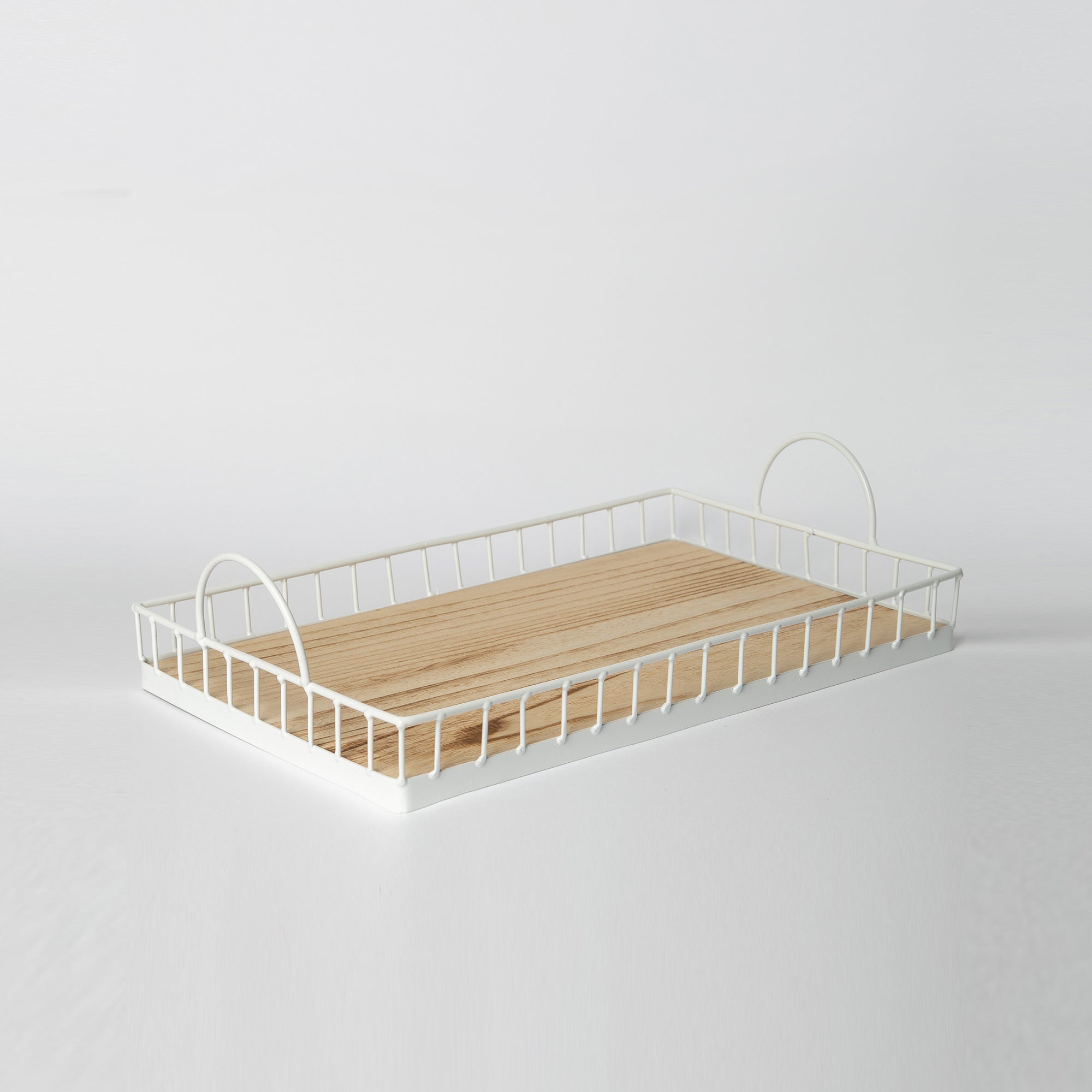 Rectangular Metal & Wood Decorative Tray — Rustic White Accent for Home