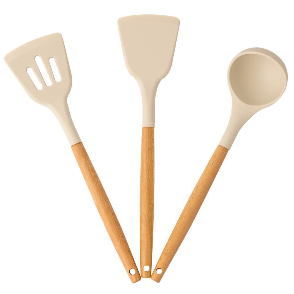 Swadhin Silicone Kitchen Utensil Set With Wooden Handles | Spatula, Turner & Ladle | HeatResistant NonStick Cookware Tools (Se