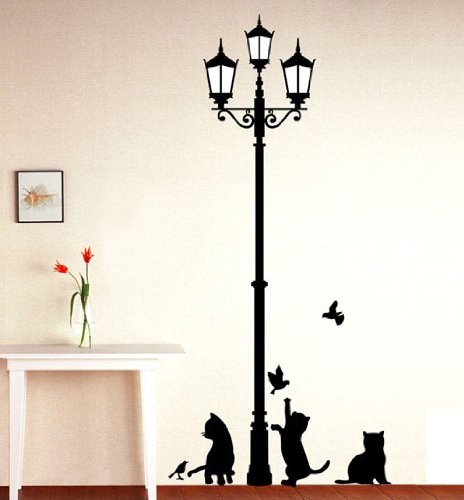 Black Cat & Lamp Picture Art Peel & Stick Wall Sticker Diy Vinyl Wall Decal Applique 33X60Cm + 1 Free Surprise Sticker