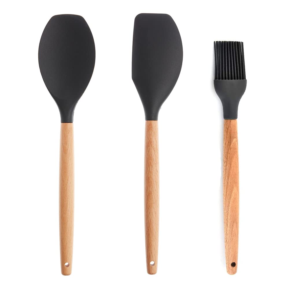 PPlus International 3Pcs Wooden Handle Spatula Set  Silicone Spatula For Non Stick Pan  Serving Spoon  Cooking Spatula (Set 