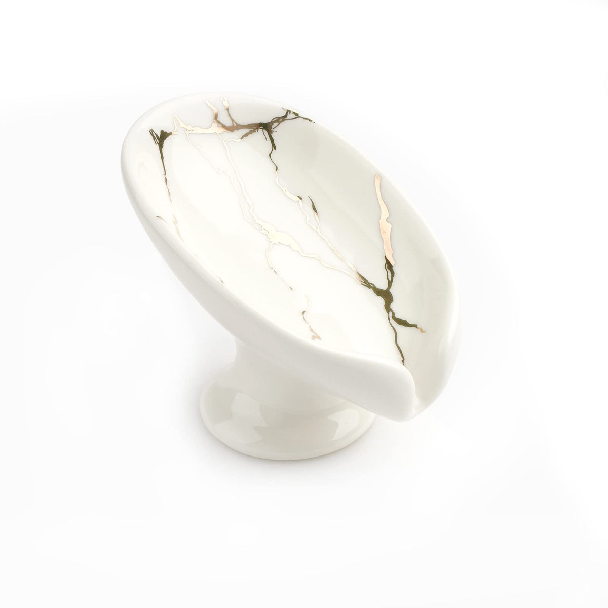Self-Draining Soap Dish White Ceramic With Marble Brush Gold Soap Holder Waterfall Soap Dish Soap Savers For Bar Soap, For Bathr