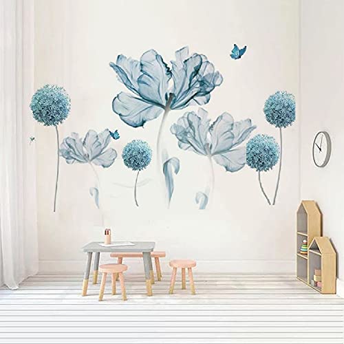 Blue Flowers Wall Decals Large Wall Art Decal Home Wall Flower Vinyl Removable Mural For Living Room Bedroom School Home Office