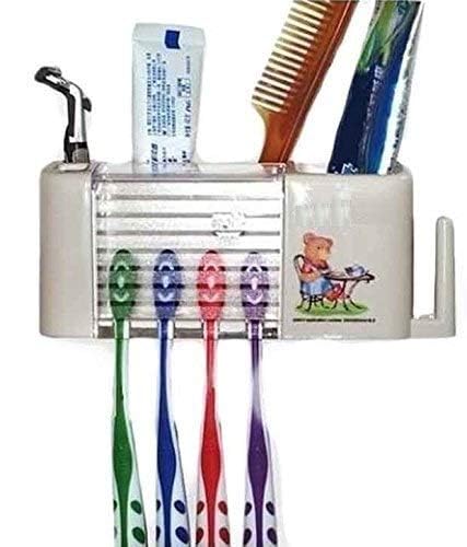 Inditradition Wall Hanging Toothbrush Toothpaste Holder | Multipurpose Bathroom Accessory Organizer (Plastic, White)