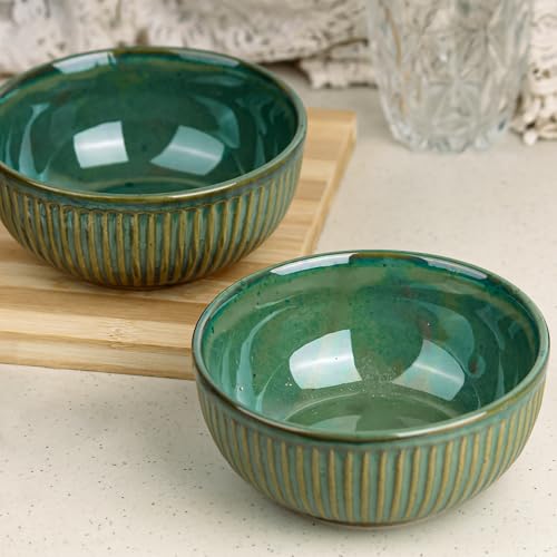 The Earth Store Glam Green Ceramic Bowl Set Of 2, 500 Ml Each | Ceramic Mixing Bowls For Snacks, More | Rice, Dal, Fruits, Salad