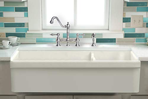 Whitehaus Collection Whqdb542-Biscuit Farmhaus Fireclay Quatro Alcove Large Reversible Sink And Small Bowl With Decorative 2  In