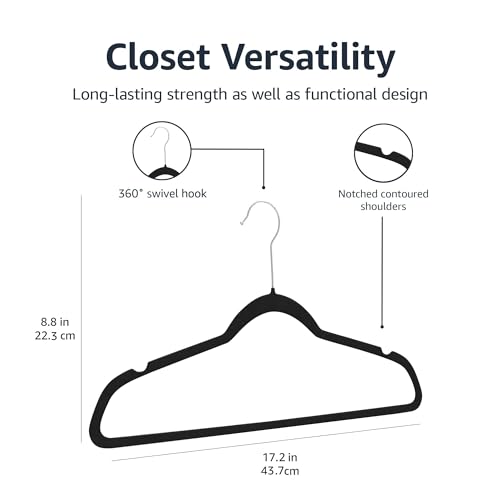 Amazon Basics Slim Velvet, Non-Slip Suit Clothes Hangers, Pack Of 100, Black/Silver