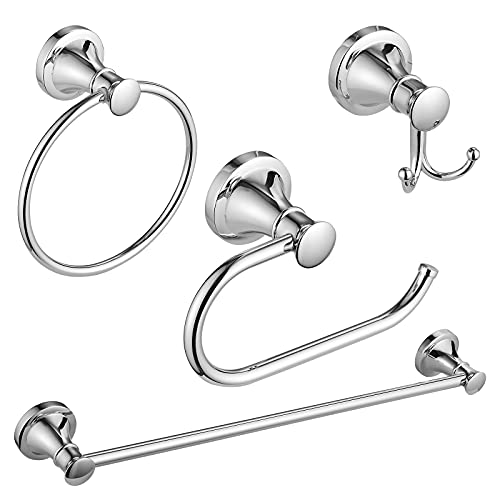 Besy Polished Chrome 4 Piece Bathroom Accessories Set (Single Towel Bar, Towel Ring, Toilet Paper Holder, Double Towel Hooks), W