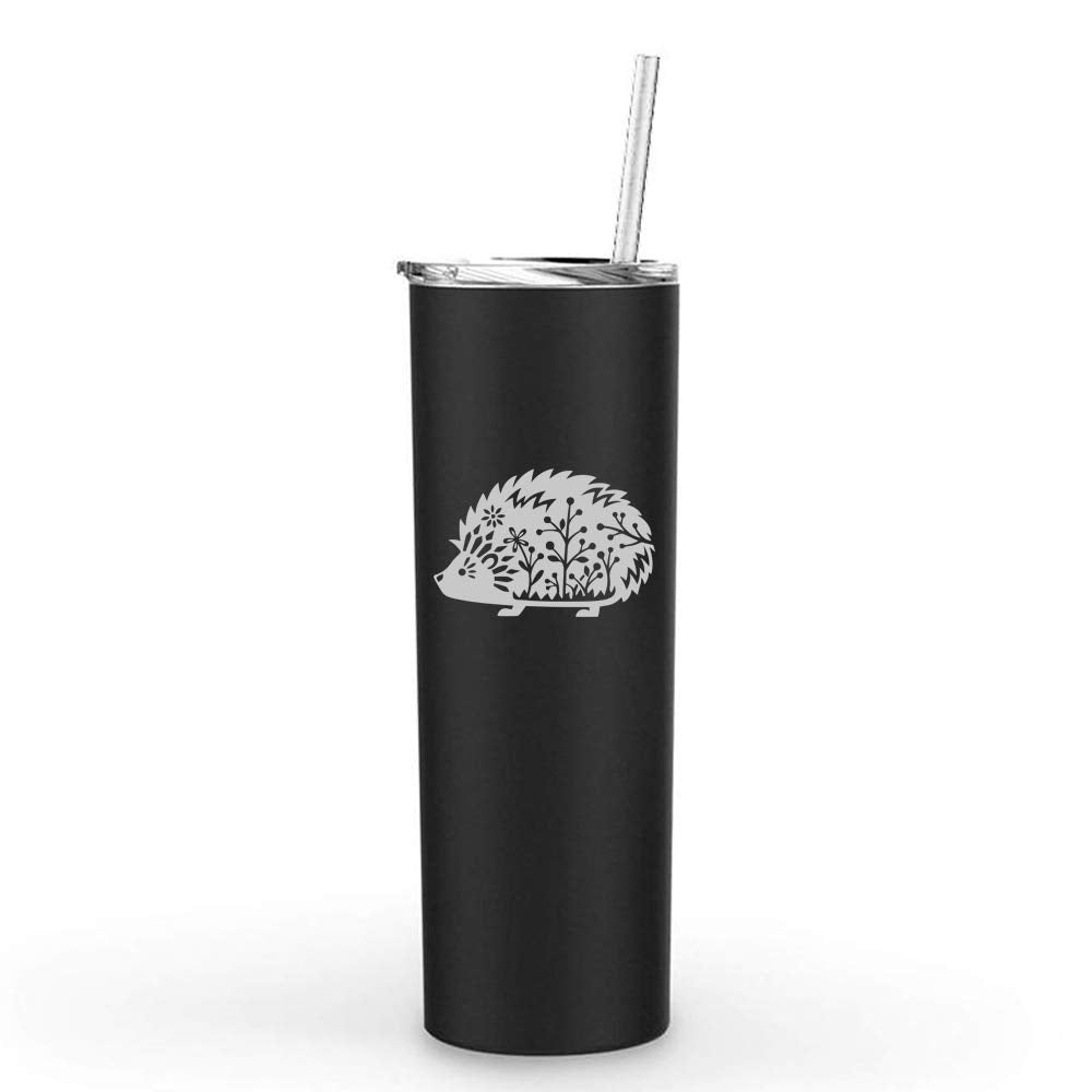 20 Oz Skinny Tall Tumbler Stainless Steel Vacuum Insulated Travel Mug With Straw Fancy Hedgehog (Black)